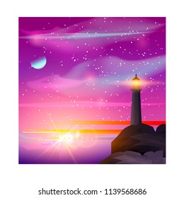 Vector illustration of Lighthouse in night sea. Lighthouse by the sea with mountains, aurora and starry night sky. Night landscape.