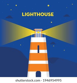 Vector illustration of Lighthouse in night sea. Lighthouse by the sea with mountains, aurora and starry night sky. Night landscape.
