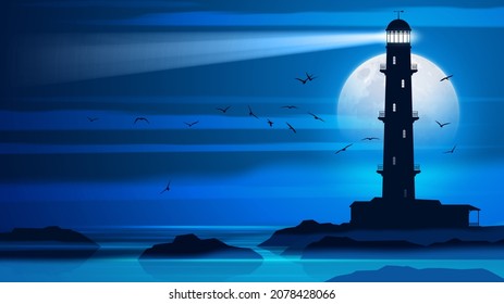 Vector illustration of lighthouse at night. Seashore vector illustration.