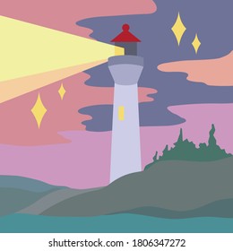 Vector illustration of Lighthouse in night sky. Lighthouse by the sea with forest and starry night sky. Night landscape.