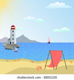 Vector illustration of  lighthouse on a beach with boat and reflective sea water