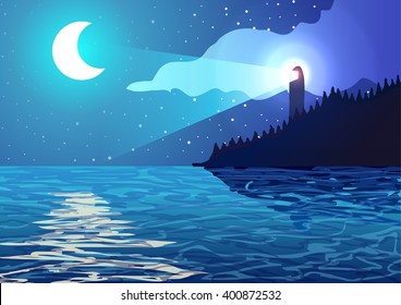 Vector illustration. Lighthouse on the coast of the ocean at night.