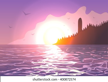 Vector illustration. Lighthouse on the coast of the ocean at sunset.