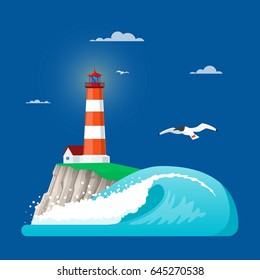 Vector illustration of lighthouse on coastline rock or island rock, ocean wave and seagulls. Flat style design elements.