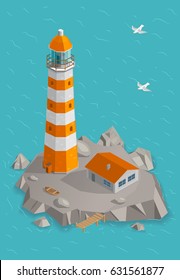 Vector illustration of a lighthouse on the island. Sea, house, rock.  Isometric