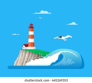Vector illustration of lighthouse on island rock, ocean wave and seagulls. Seascape flat style design elements.