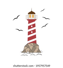 Vector illustration of a lighthouse on a rock. Seagulls and waves of the sea. Insulation over white. Sign, symbol, design element. For a wide range of design applications.