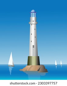 Vector illustration of a lighthouse on a rock. Searchlight tower for maritime navigation control