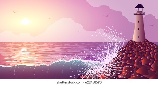 Vector illustration. Lighthouse on a rock near the ocean shore at sunset. 