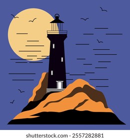 Vector illustration of a lighthouse on a rocky clifftop by moonlight