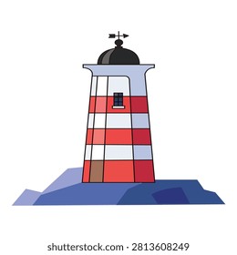 Vector illustration of a lighthouse on a rocky island, featuring red and white horizontal stripes, a small window, and a weather vane on top, classic maritime navigation structure