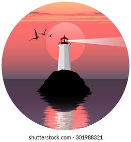 vector illustration of lighthouse on the sea. lighthouse on the background of the sun and birds. Lighthouse at sunset. Lighthouse at sunrise. Lighthouse logo.