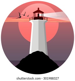 vector illustration of lighthouse on the sea. lighthouse on the background of the sun and birds. Lighthouse at sunset. Lighthouse at sunrise. Lighthouse logo.