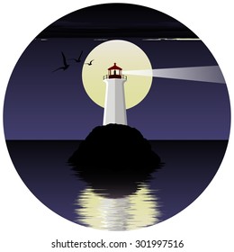 vector illustration of lighthouse on the sea. lighthouse at night. lighthouse on the background of the moon and birds.