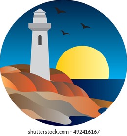 vector illustration of lighthouse on the sea. lighthouse at night. lighthouse on the background of the moon and birds.