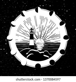 Vector illustration Lighthouse on the seashore, ocean for tattoo, graphic drawing.