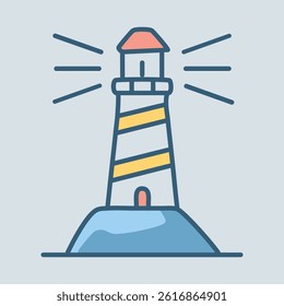 A vector illustration of a lighthouse on a small hill, with a blue outline and a light blue background. The lighthouse has yellow stripes.