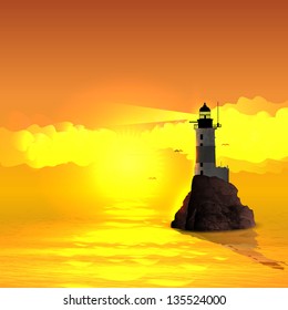 Vector illustration of Lighthouse on sunset