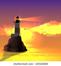 Vector illustration of Lighthouse on sunset