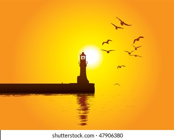 Vector illustration of Lighthouse on sunset