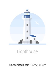 Vector illustration of lighthouse, path lighting. Searchlight tower with seagull for marine navigation of ships. Flat lighthouse building icon. Marine and ocean theme seaside background.