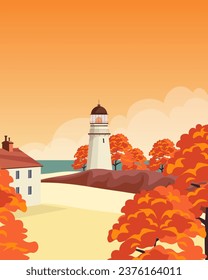 Vector illustration. Lighthouse, port, beach. Design for poster, banner. packaging. Postcard, vertical poster.