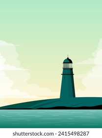 Vector illustration. Lighthouse, poster design, banner, postcard. Cartoon style, retro.