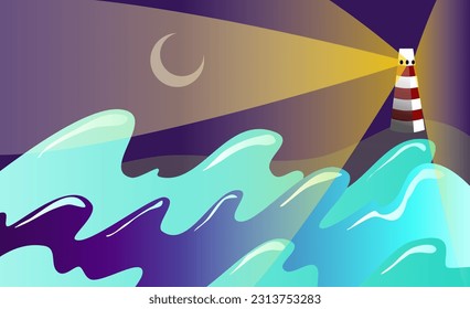 vector illustration of a lighthouse in the sea night , flat minimalism gesign, ocean wave wallpaper background 