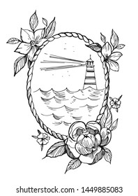 Vector illustration with lighthouse, sea, peonies. Old school tattoo style