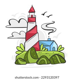 Vector illustration of a lighthouse in the sea with seagulls and fishes in cartoon style.