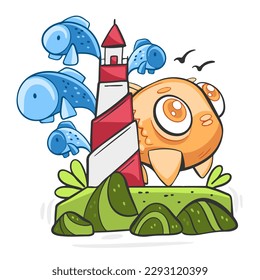 Ilustración vectorial de un faro en el mar con gaviotas y peces en estilo de dibujos animados.