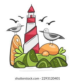 Vector illustration of a lighthouse in the sea with seagulls and fishes in cartoon style.