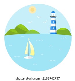 Vector illustration with lighthouse, sea, ship and sky. Beautiful landscape with sailboat at sea. Summer season. Marine navigation in circle logo. Cartoon flat illustration