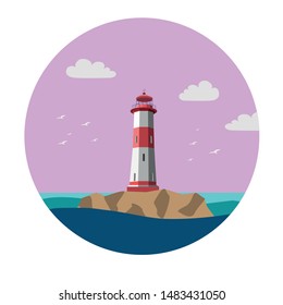 Vector illustration of a lighthouse at the sea standing on a rock.