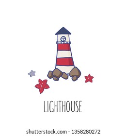 Vector illustration of the lighthouse with sea stars. Beautiful sea colors palette