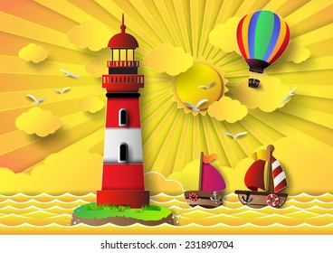 Vector illustration  lighthouse with seascape and sun set.paper art style.