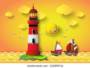 Vector illustration  lighthouse with seascape and sun set. paper art style.