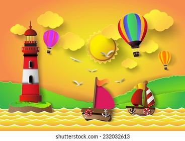 Vector illustration  lighthouse with seascape and sun set.paper art style.