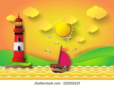 Vector illustration  lighthouse with seascape and sun set.paper art style.