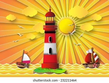 Vector illustration  lighthouse with seascape and sun set.paper art style.