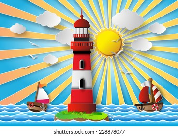 Vector illustration  lighthouse with seascape.paper cut style.