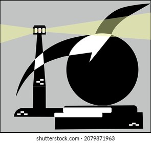 Vector illustration. Lighthouse shining in the sea.