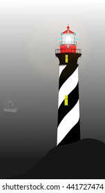 Vector illustration lighthouse showing the way the ships in fog