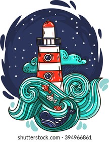 vector illustration lighthouse in storm night stars space waves cloud