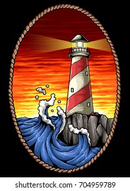 vector illustration of lighthouse in the sunset with wave and rock