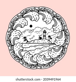 Ilustración vectorial de un faro con fines de tatuaje y logotipo