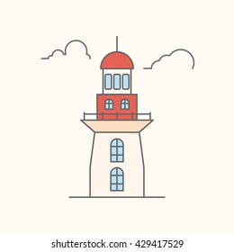 Vector illustration of lighthouse, tower, structure, large window, illustration on a light background, line, sketch