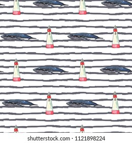 Vector illustration. Lighthouse and whale on striped background. Print design. Element of seamless pattern.