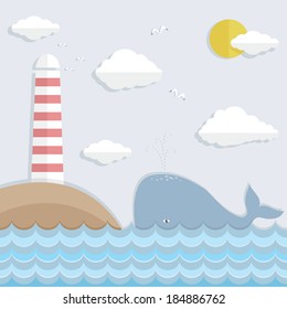 Vector illustration of a lighthouse and a whale on a tender pastel colored background in a paper cut out style