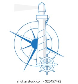 vector illustration of lighthouse, windrose and the ship's rudder. All in blue color. Perfect for icon or logo. Symbols of safe travel.